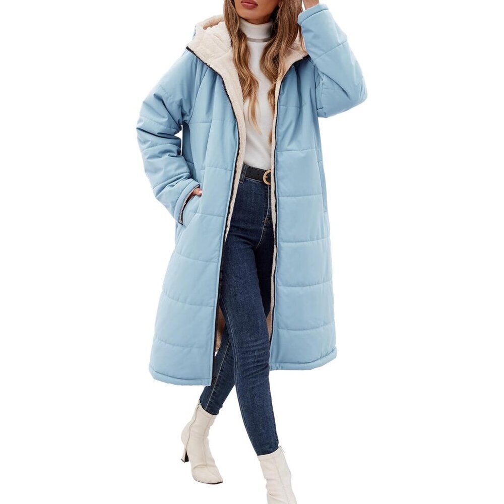 Long Womens Winter Coat Fleece Lined Coats Sherpa Quilted Puffer Jackets with Ho